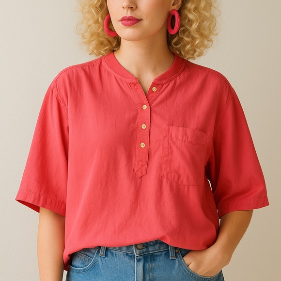 Vintage Silk Popover Shirt Size Large XL Pink Feminine Minimalist 80s 90s - Picture 1 of 11
